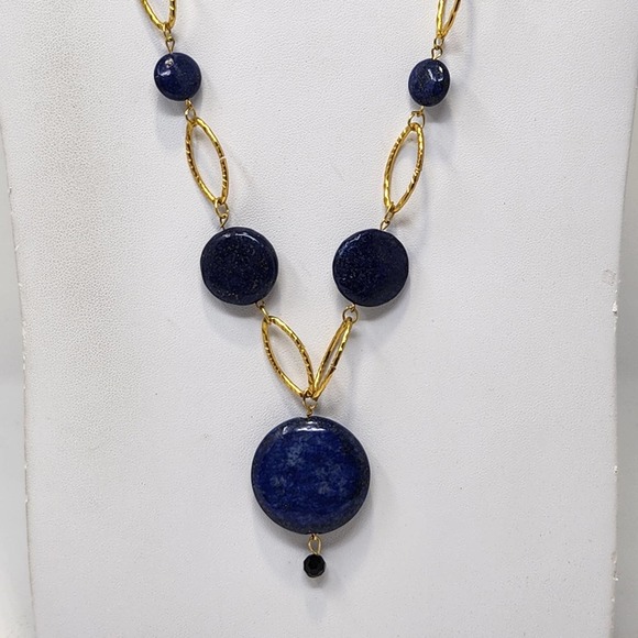 Lapis Lazuli Natural Stone Pendant Gold Tone Oval Chain Link Y Drop Necklace - Picture 2 of 6